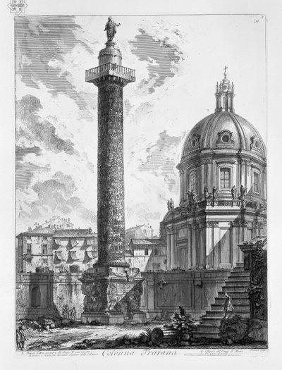 Colonna Trajana. Bucca von Sixtus V. mit Mauerumzäunung und Treppe, die zum Sockel der Säule hinabführt. Kirche des Namens Maria. Palazzo Bonelli von Giovanni Battista Piranesi